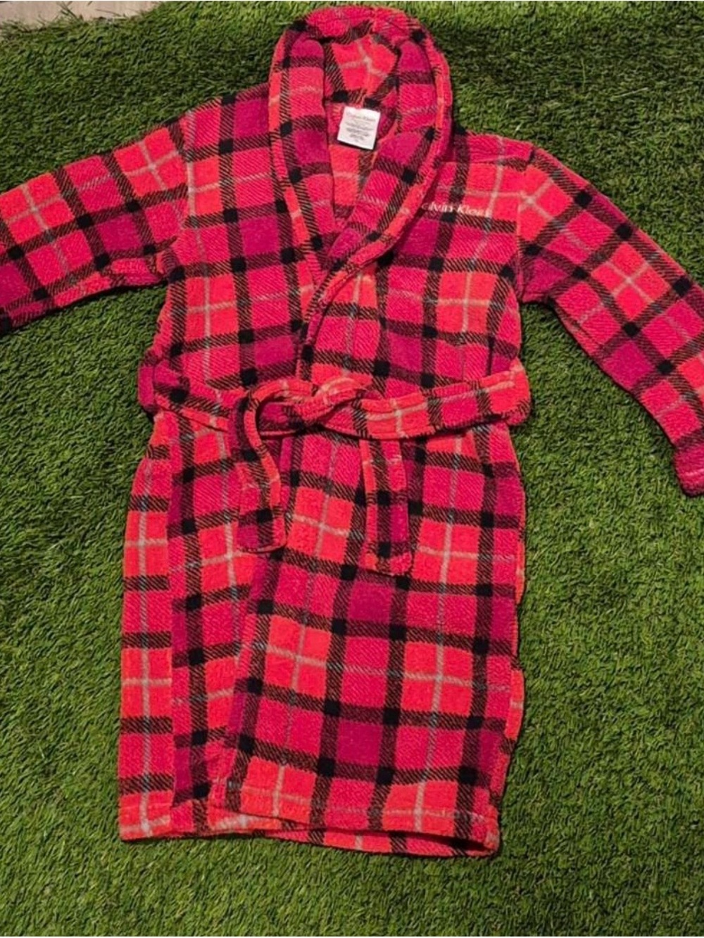 Calvin Klein Pink Plaid Kids Robe - Shawl Collar Tie Belt